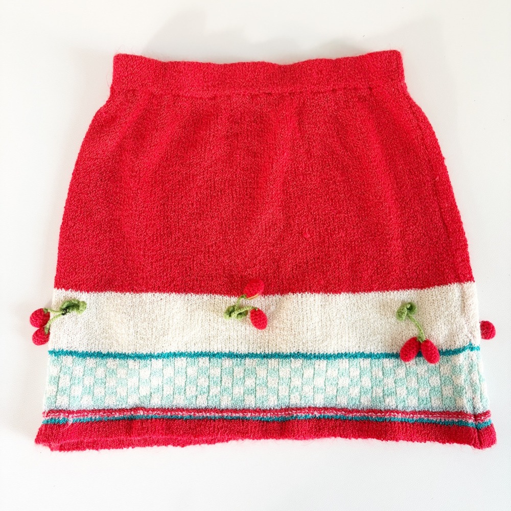 Deux par Deux Girls Red 3D Cherry Fruit Knit Cottagecore Picnic Skirt Size 6